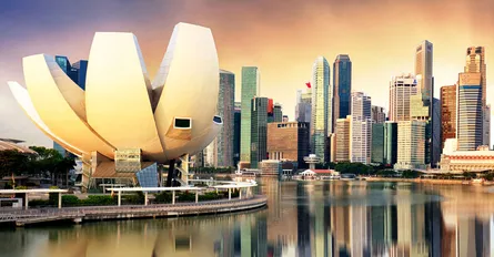 City skyline with futuristic building