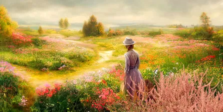 Painting of woman walking path, flowers, mountains