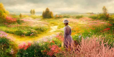 Painting of woman walking path, flowers, mountains