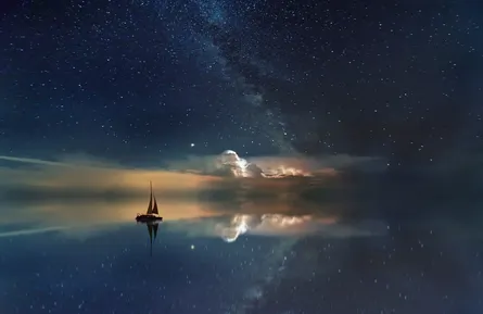 "Night sky, boat on lake, stars above water"