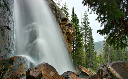 Tall waterfall, trees around base