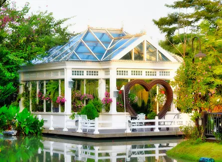 Glass gazebo with heart decoration