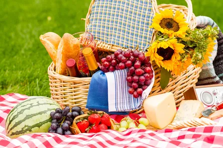 Picnic basket on tablecloth