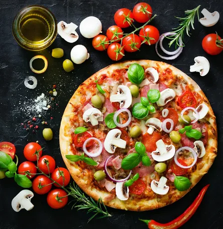 Pizza ingredients, tomatoes, olives, onions, parsley, pepper, cheese, sauce