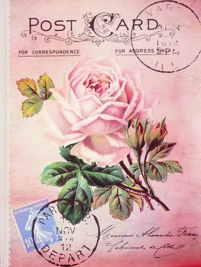 Postcard with rose and postal stamp