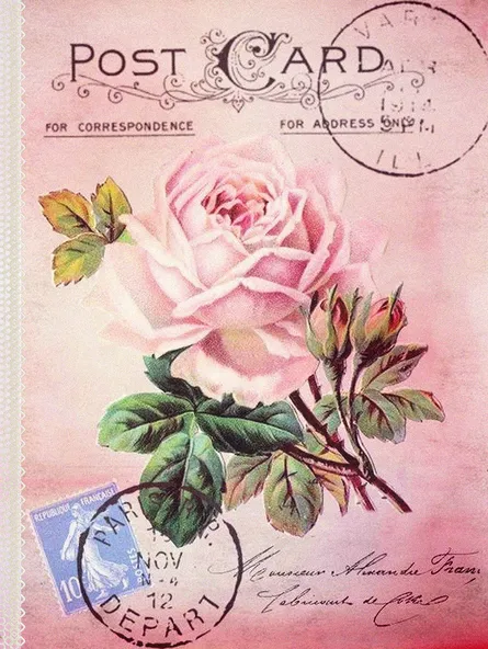Postcard with rose and postal stamp