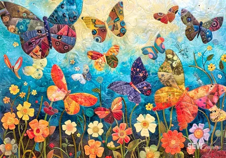 Colorful butterflies flying over flowers and plants