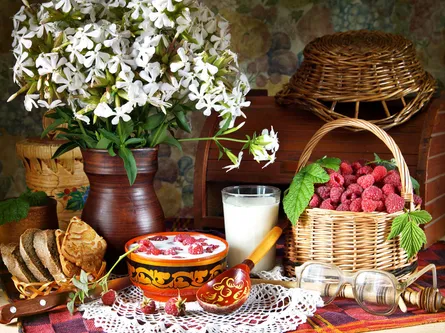 Fruit, basket, potted plant, table