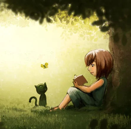 Girl, cat, book
