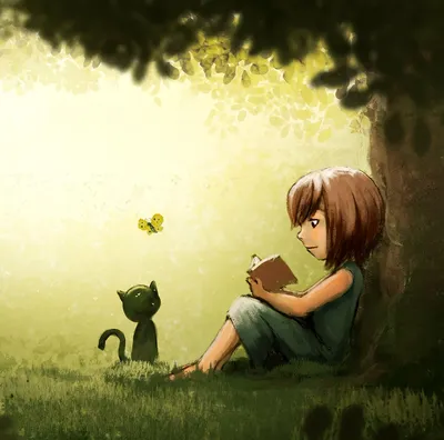 Girl, cat, book