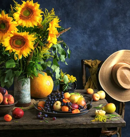Sunflowers and fruit