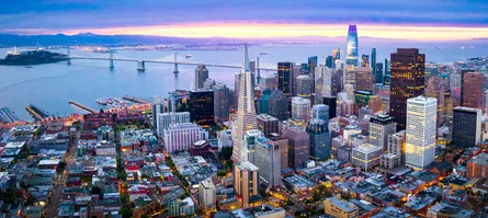 San Franciscos skyline at sunset.