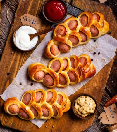 Bread with hot dogs on top