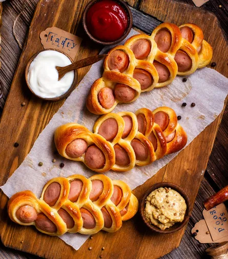 Bread with hot dogs on top