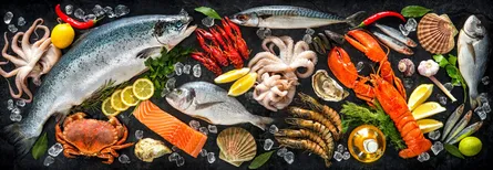 Fish, seafood, vegetables, spices