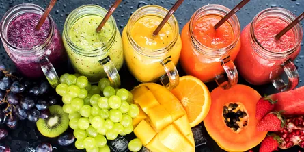 Fruit juice array, colorful, visually appealing