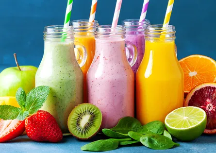 Colorful smoothies and fruit