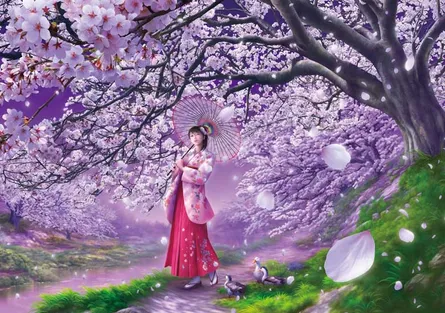 Cherry blossoms, anime style, woman in pink dress