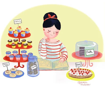 Cartoon girl at cupcake stand