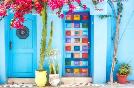 Colorful blue door with many windows