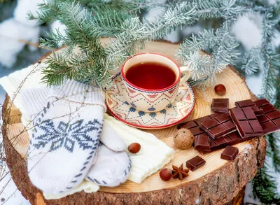 Hot beverage on wood stump