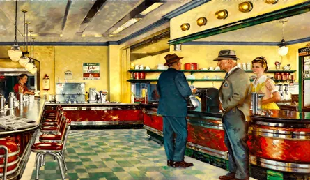 Diner scene with people and food items