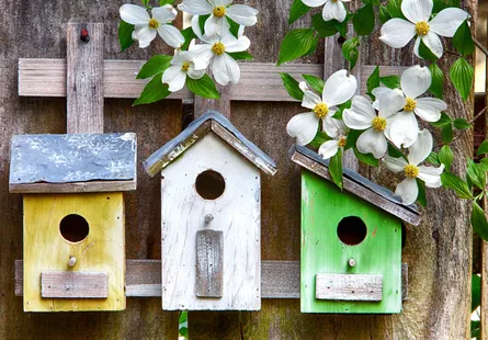 Three birdhouses on fence