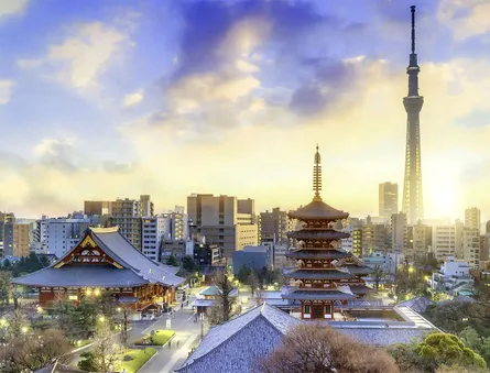 Sunset over temple, Tokyo