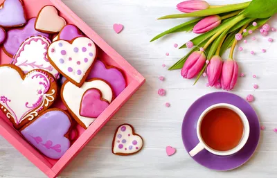 Cupcakes, pink hearts, cookies, tea cup, flowers