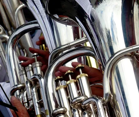 The tuba is silver