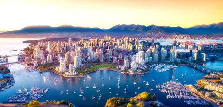 Aerial view of city at sunset