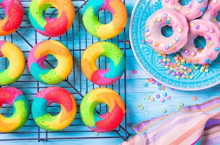 Rainbow donuts on tray