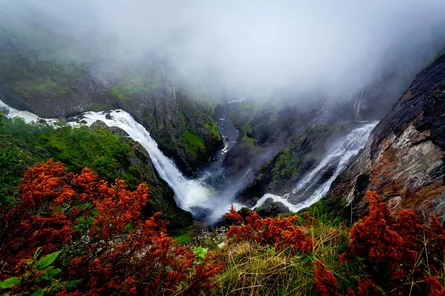 Waterfall surrounded by fog
