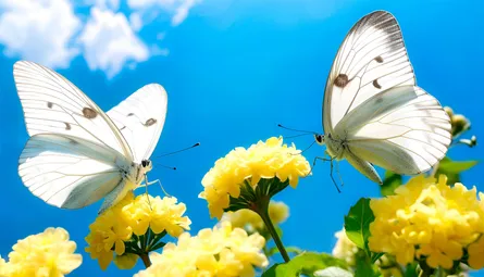 Two butterflies, yellow flowers