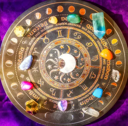 Magical horoscope, gemstones, astrology wheel