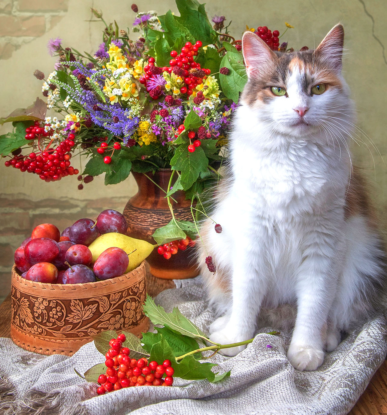 Calico Cat with Bouquet and Fruit