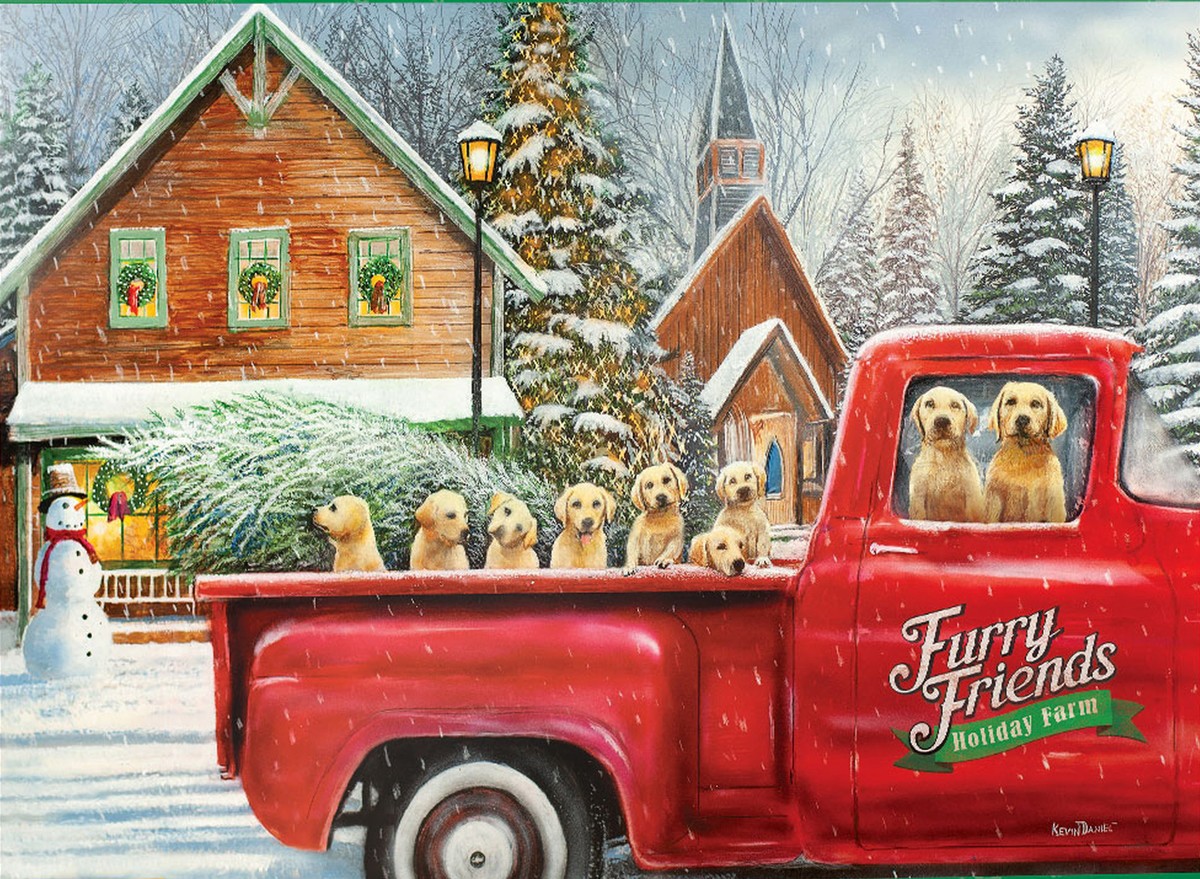 Cozy winter scene with puppies