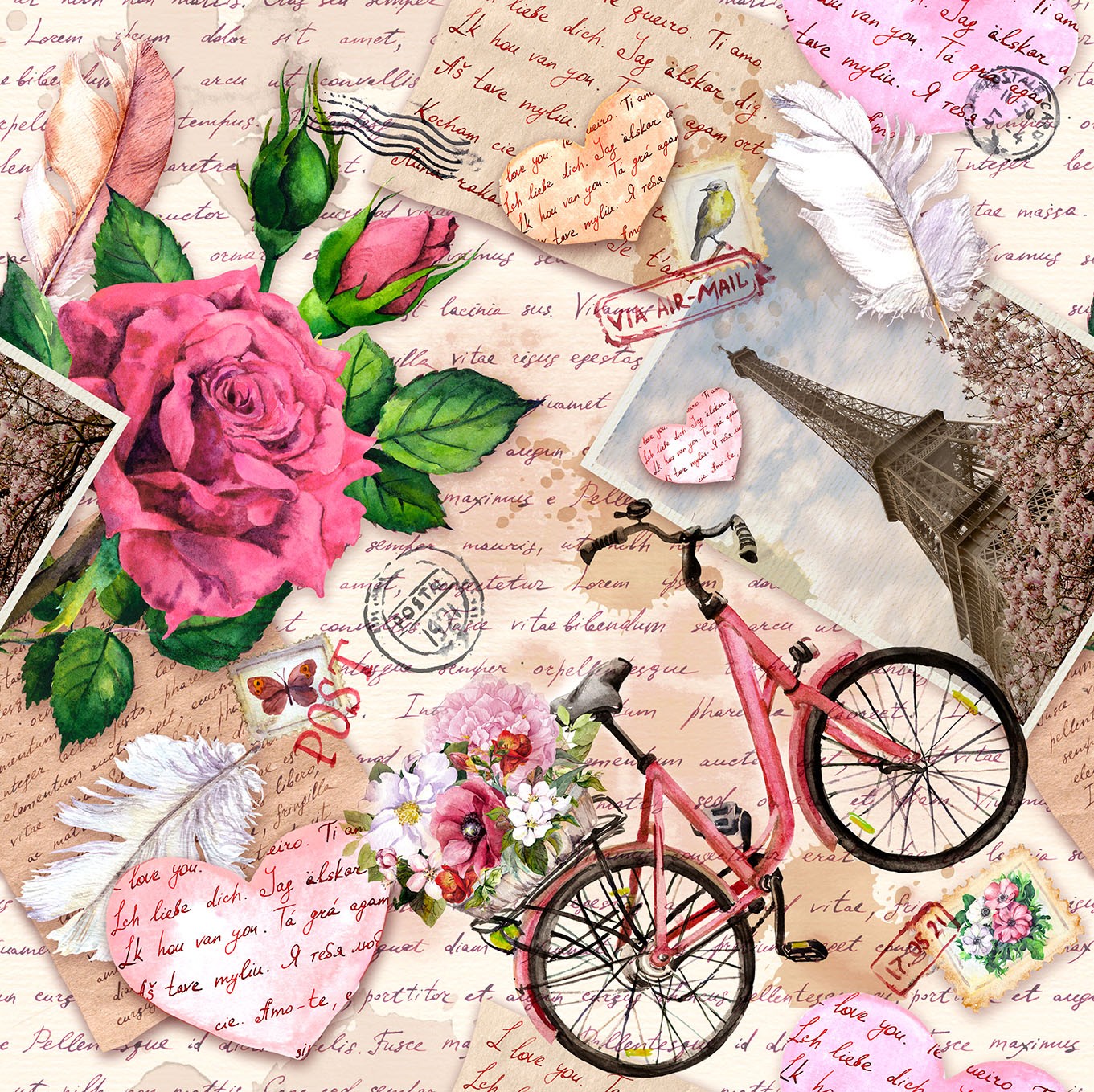 Vintage, romantic, travel-themed collage with roses, pink bicycle, love letters, and postcards