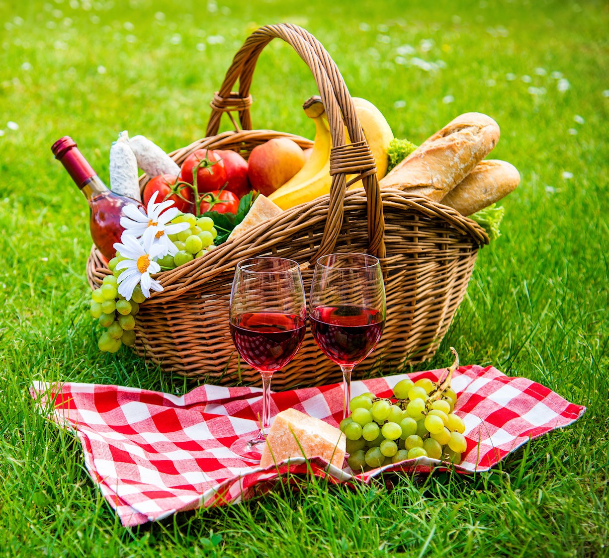 Picnic Basket With Wine, Fruit and Vegetables